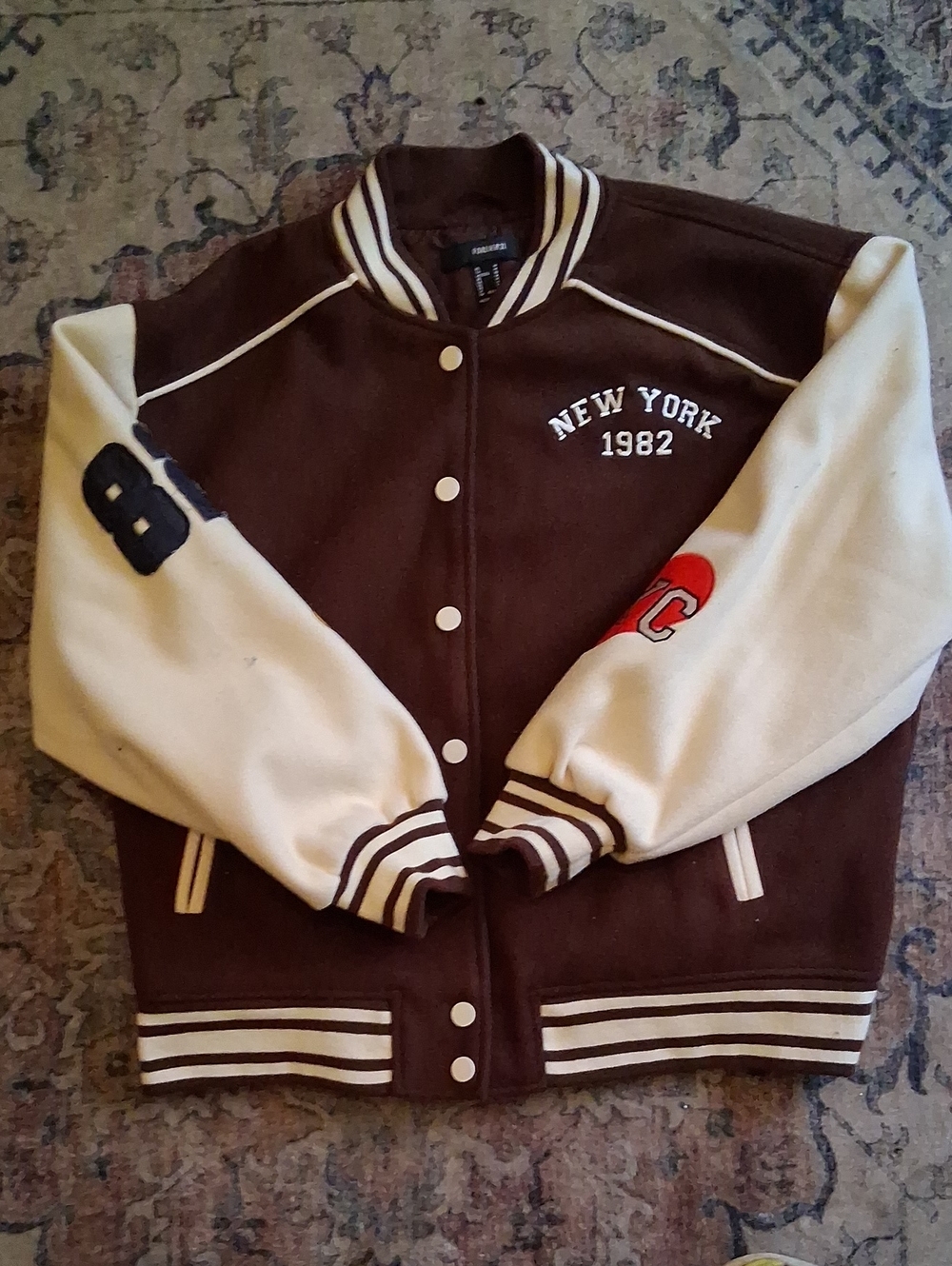 Forever 21 Brown and Cream 'New York 1982' Varsity Bomber Jacket